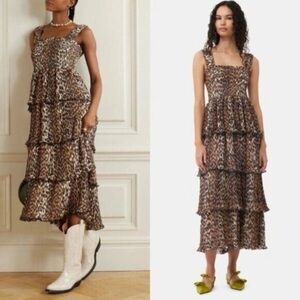 Ganni Leopard Print Tiered Maxi Dress - Brown/Black